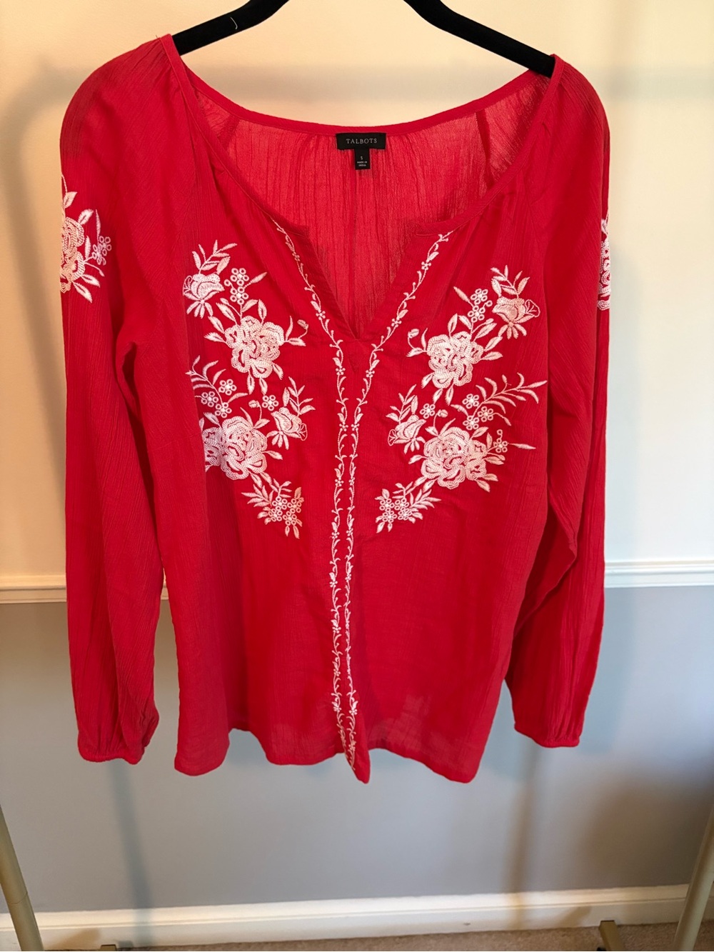Talbots Red Embroidered V-Neck Peasant Blouse